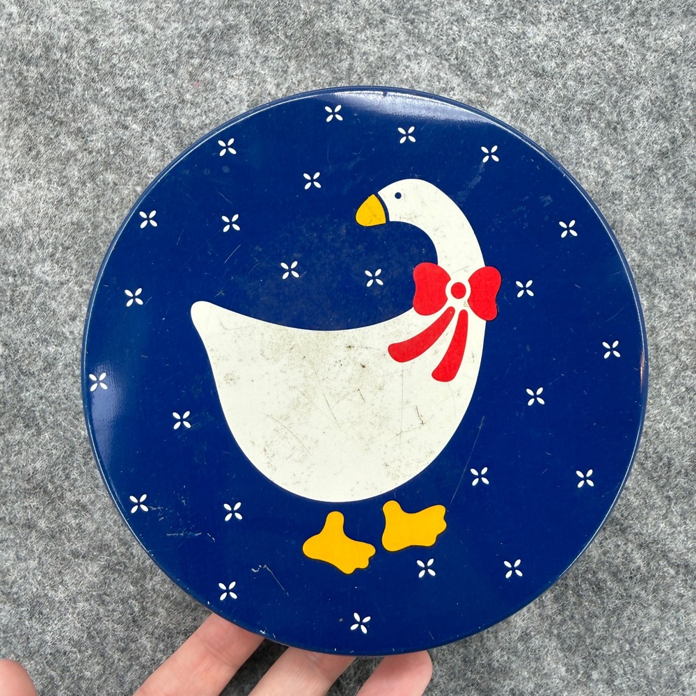 Vintage Goose Duck Cookie Tin Round Blue White Farmhouse Decor 6.5in Trend 80 90